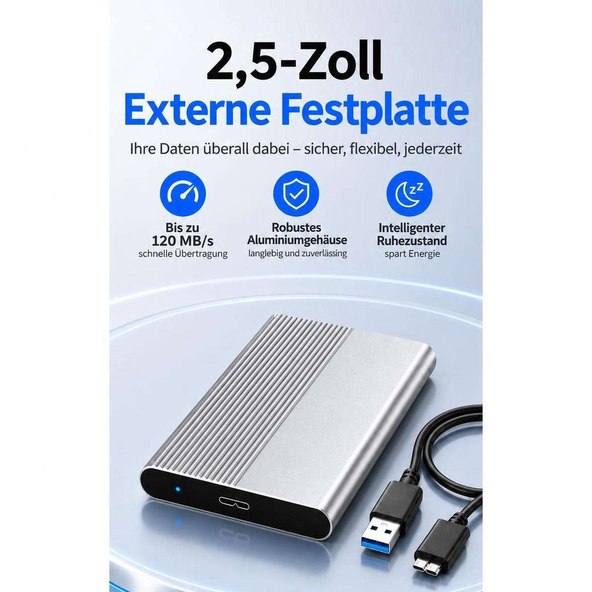 Eine silberne externe 2,5-Zoll-Festplatte mit USB-Kabeln und blauen Werbetexten.