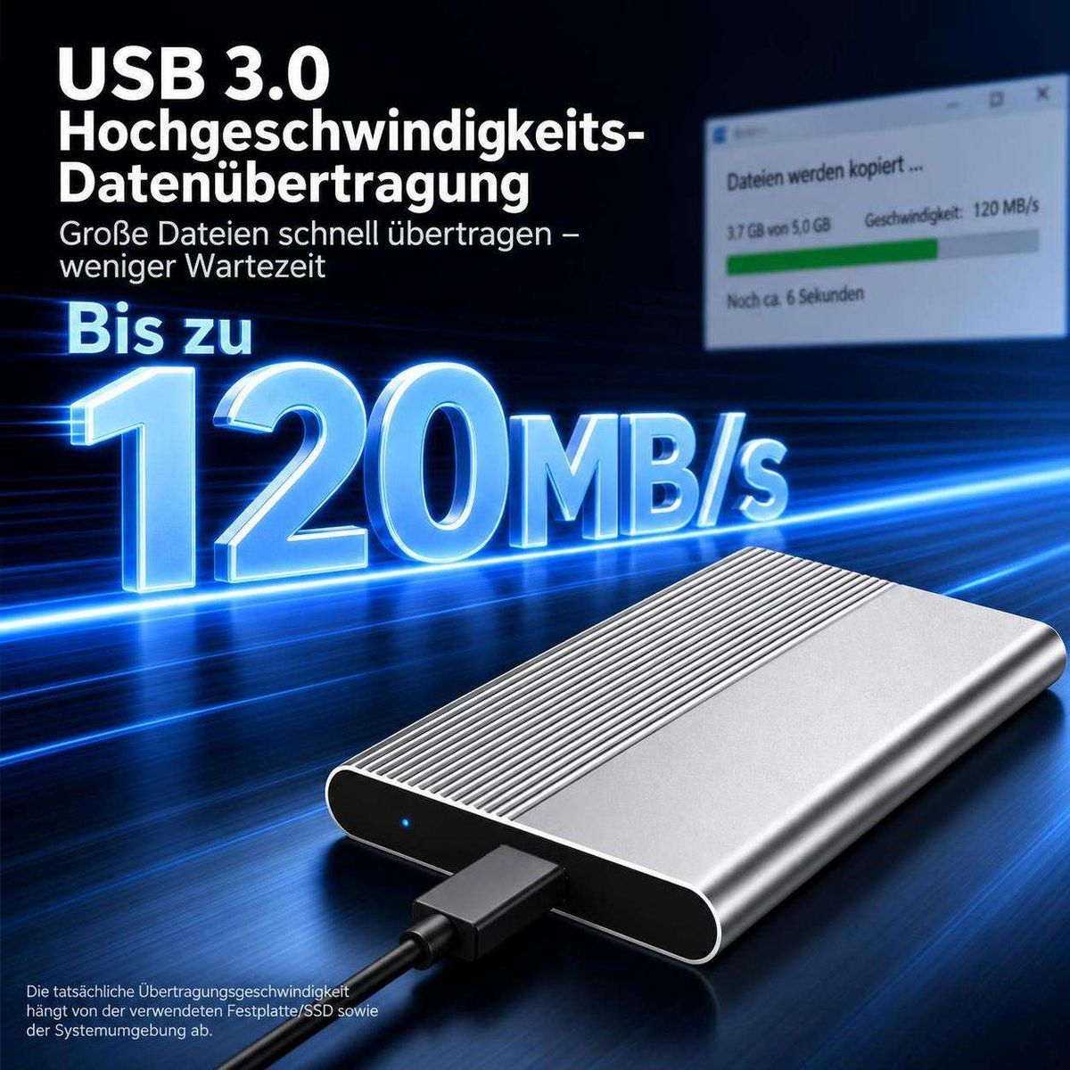 Silberne externe SSD mit USB 3.0 Kabel auf blauem Hintergrund und Text über 120MB/s Geschwindigkeit.