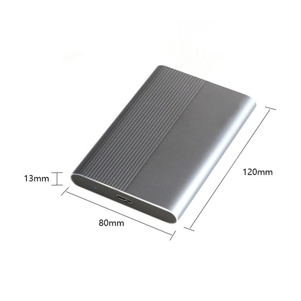 Eine graue externe Festplatte mit Maßen von 120 mm Länge, 80 mm Breite und 13 mm Dicke.