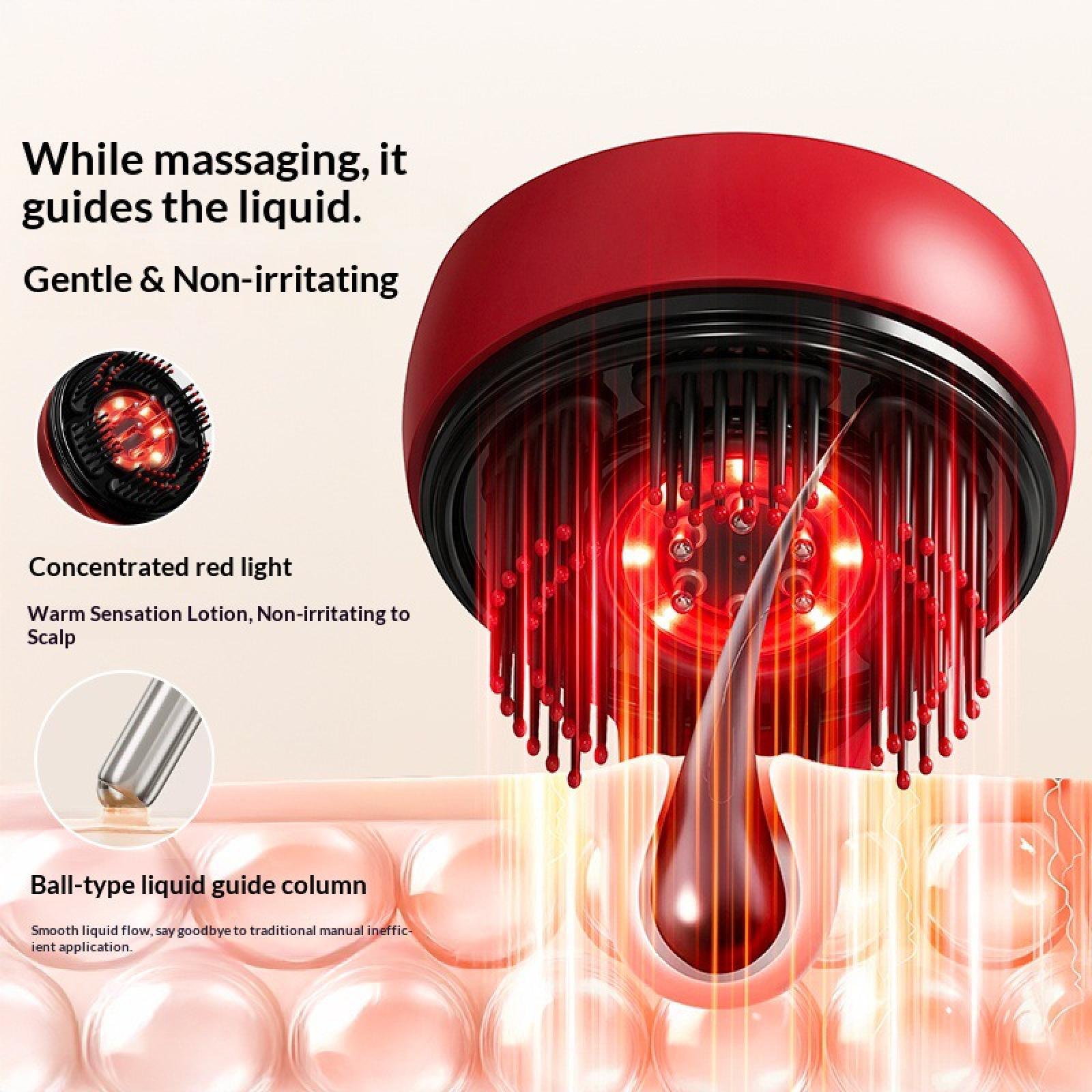 Ein rotes Massagegerät führt Flüssigkeit sanft auf die Kopfhaut mit rotem Licht.