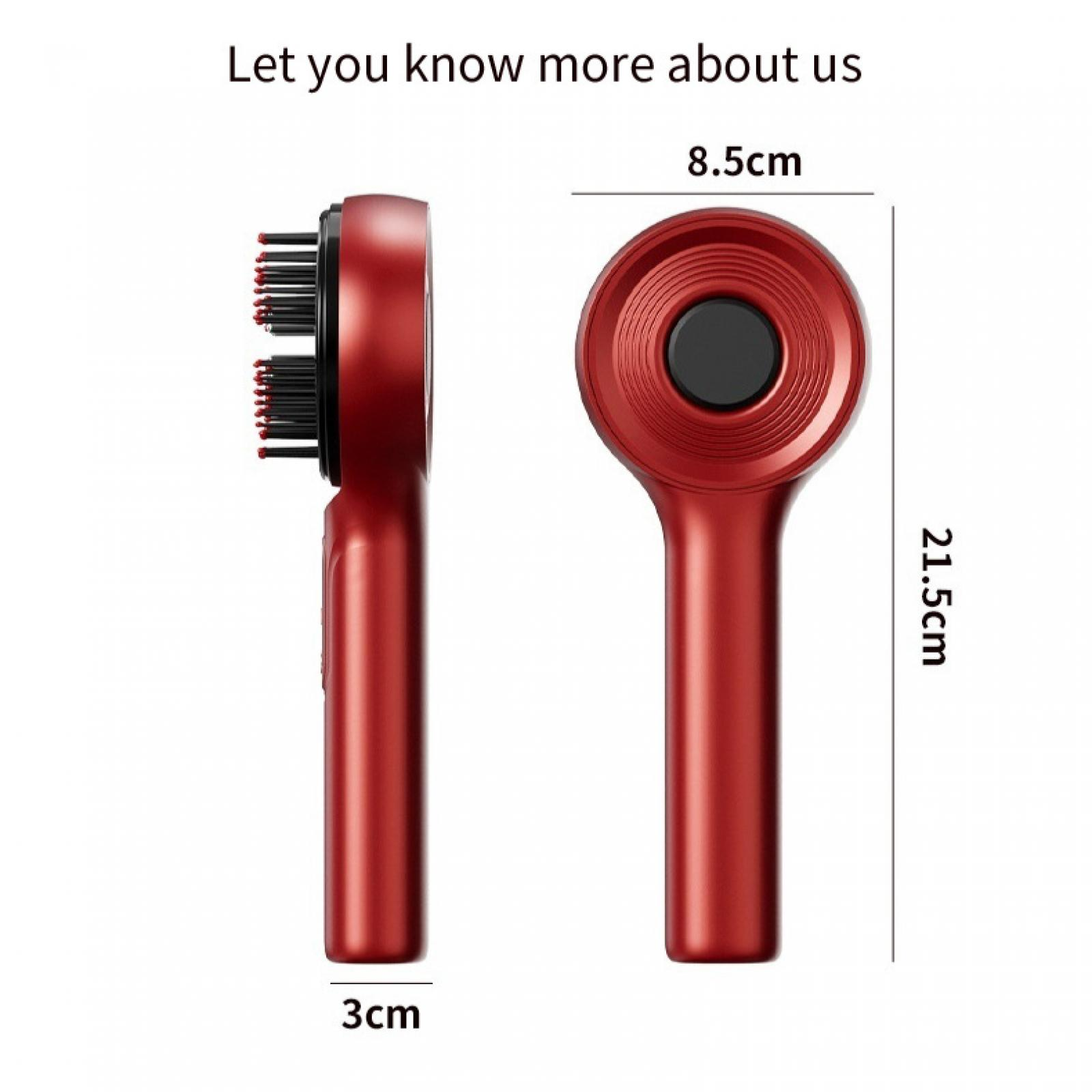 Rote Haarbürste aus zwei Perspektiven mit Größenangaben: 21,5cm Höhe, 8,5cm Breite und 3cm Dicke.