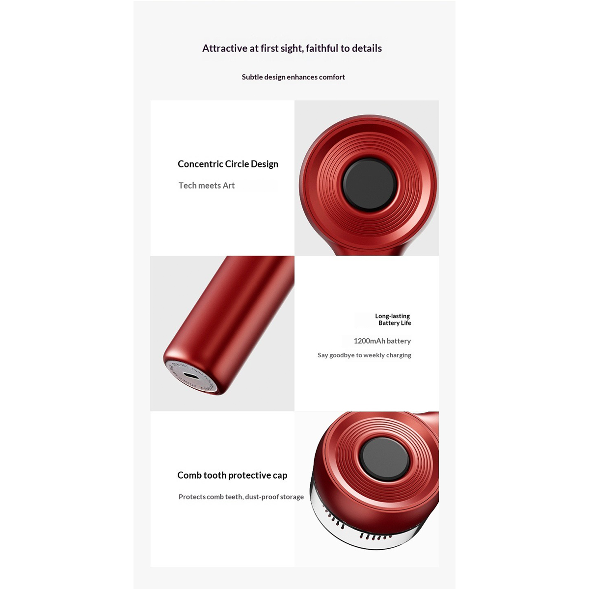 Produktmerkmale eines roten Geräts, mit Fokus auf Kreisdesign, USB-Anschluss und Schutzkappe.