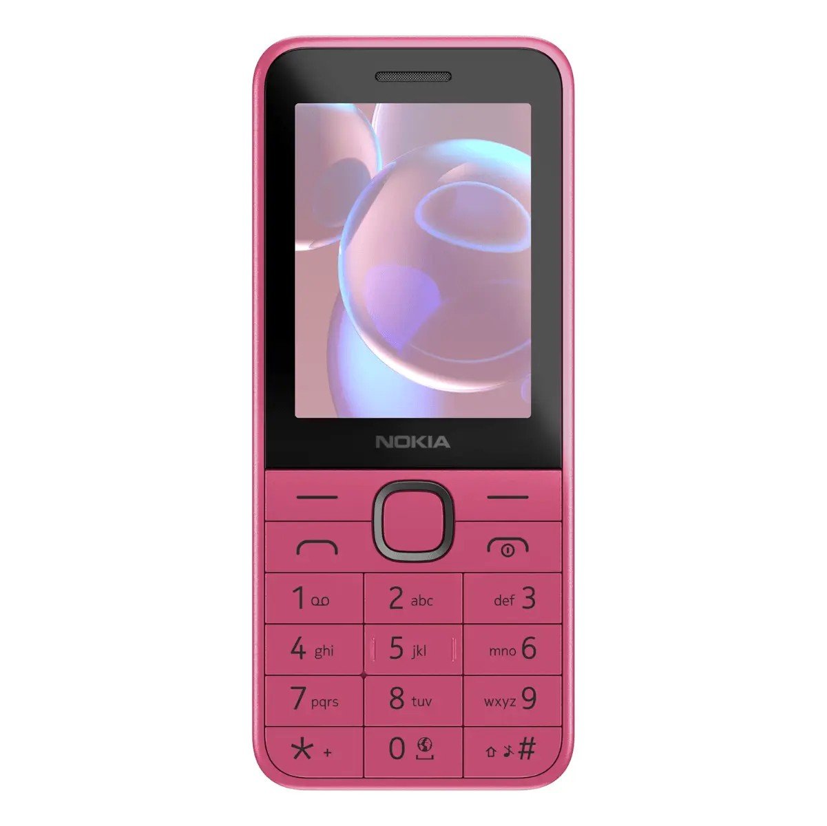 Ein rosafarbenes Nokia Tastentelefon mit einem Bildschirm, der schwebende Blasen zeigt, auf weißem Hintergrund.