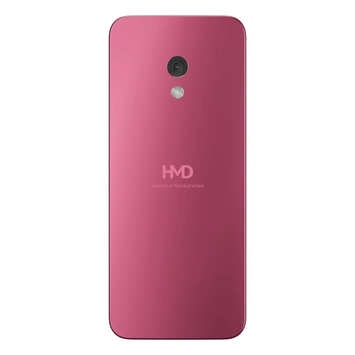 Rückseite eines pinken HMD-Smartphones mit einer Kamera und LED-Blitz.
