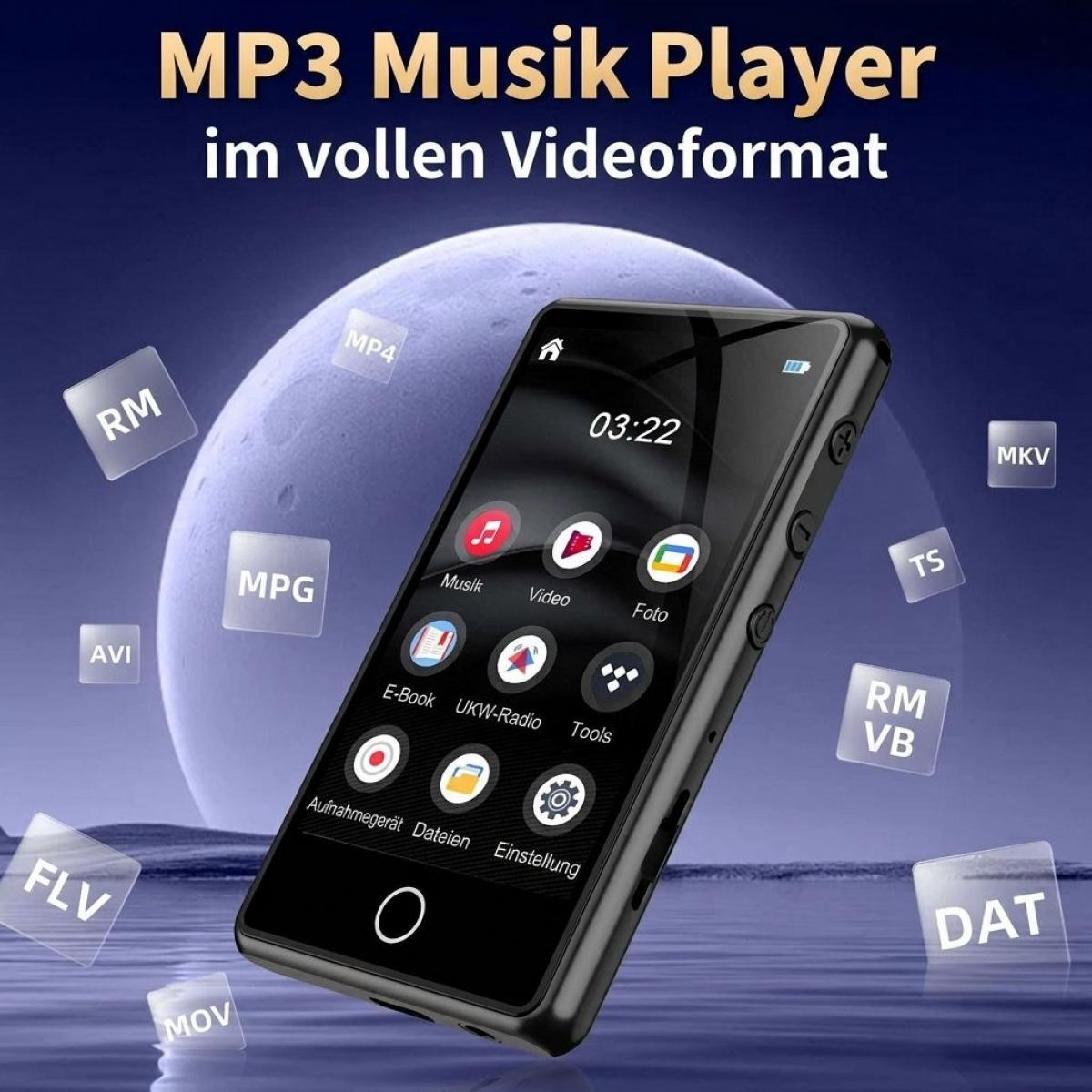 MP3-Video-Player mit Symbolen vor einem blauen Mondhintergrund und dem Text MP3 Musik Player im vollen Videoformat.