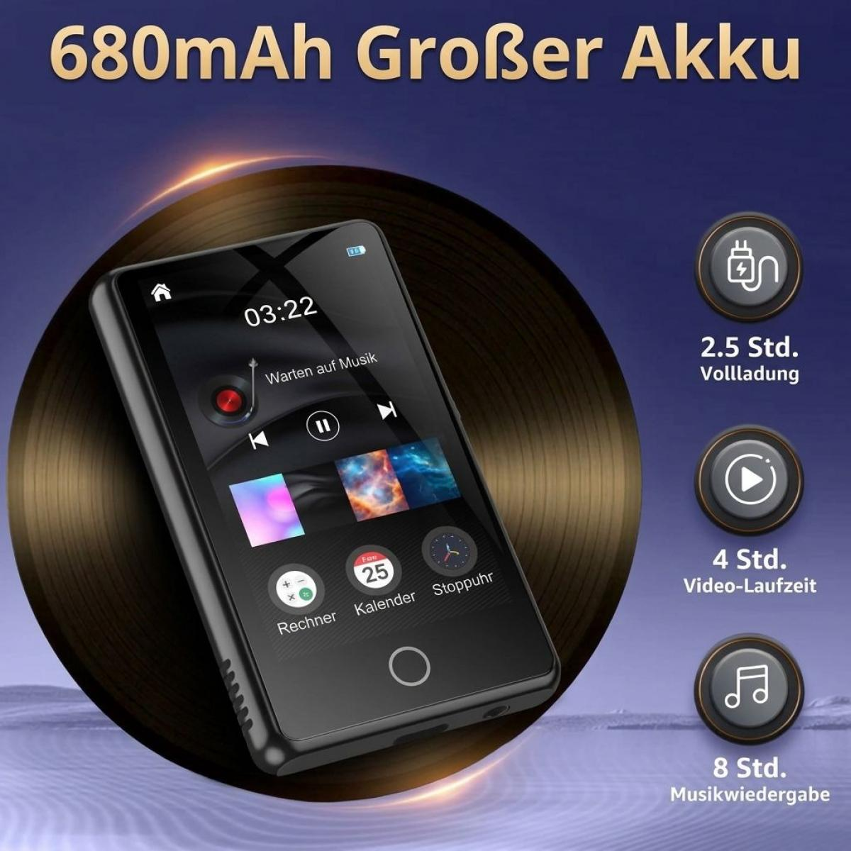 MP3-Player vor goldenem Schallplatten-Hintergrund mit Batterie- und Laufzeitangaben.