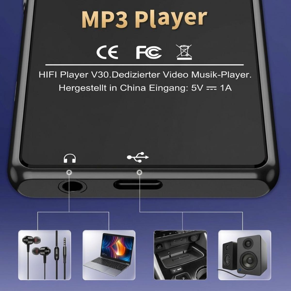 Rückseite eines MP3-Players mit CE- und FC-Kennzeichnungen, Kopfhörerbuchse, USB-Anschluss und Verbindungssymbolen.