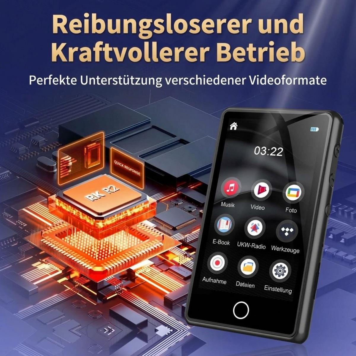 MP3-Player vor technischem Mikrochip-Hintergrund mit deutscher Textüberlagerung.