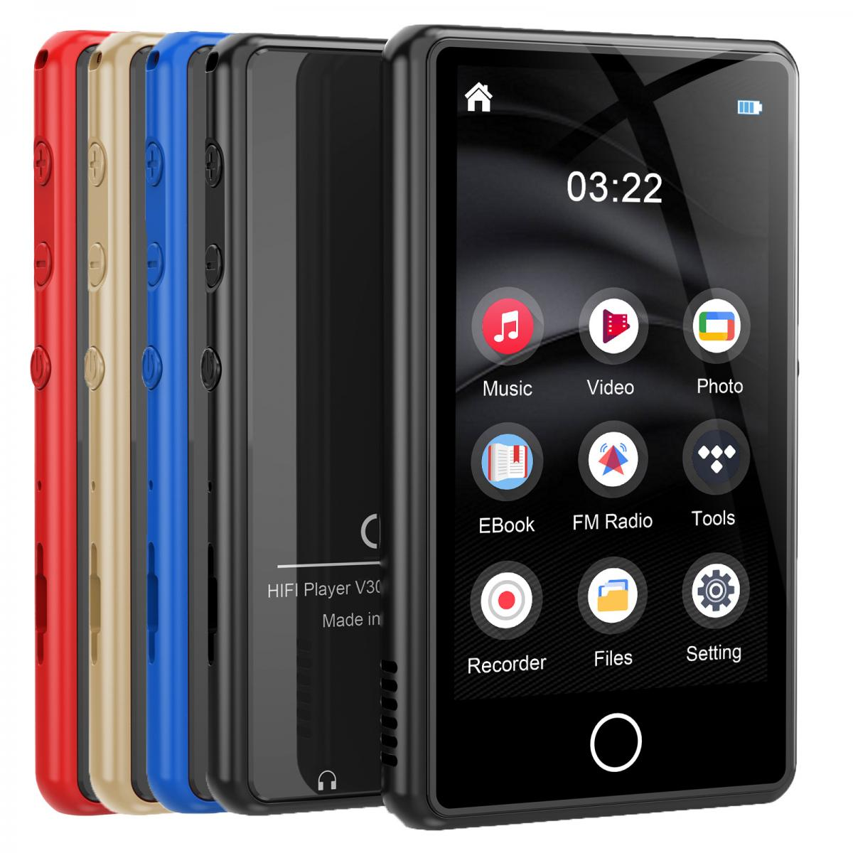 Vier MP3-Player in den Farben Rot, Gold, Blau und Schwarz stehen nebeneinander, der schwarze zeigt das Menü.