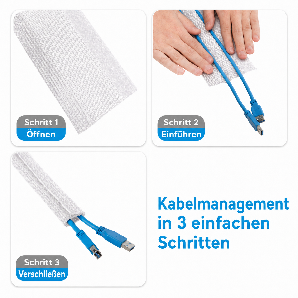 Drei Schritte zur Kabelorganisation mit einem weißen Kabelschlauch und blauen USB-Kabeln.