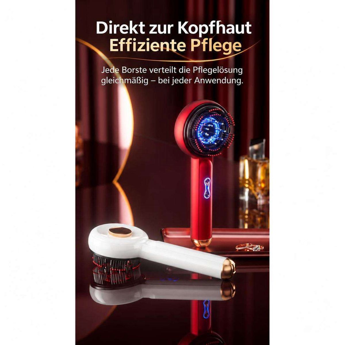 Rote und weiße Kopfhautmassagegeräte mit blauer LED-Beleuchtung auf glänzender Oberfläche.