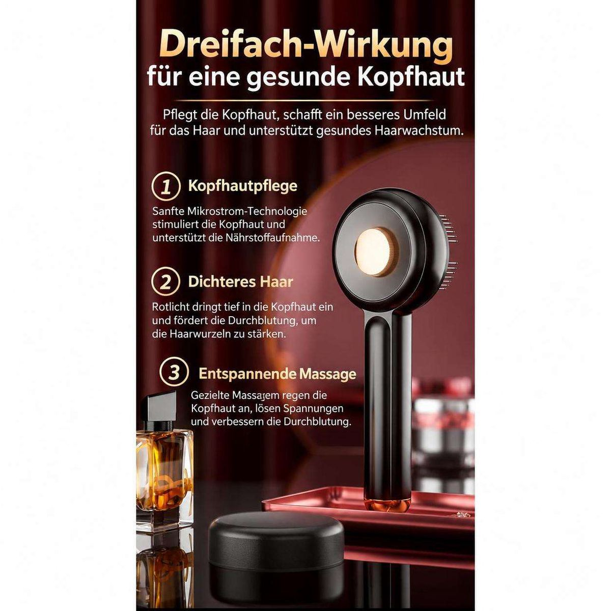 Werbegrafik für ein Kopfhautpflegegerät mit drei Wirkungen und deutscher Beschreibung.