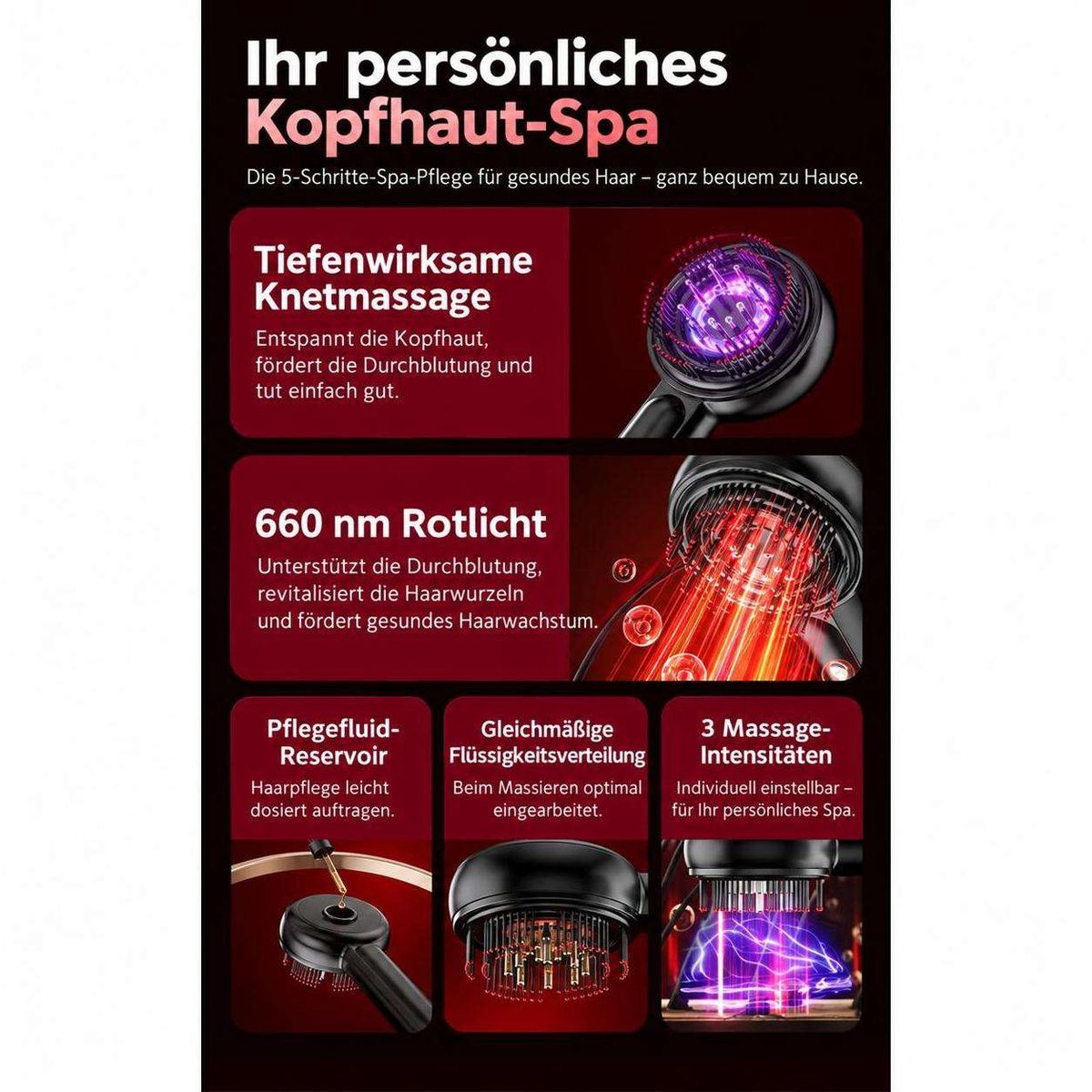 Werbeplakat für ein Kopfhaut-Spa-Gerät mit rotem Licht, Massagefunktionen und Fluidreservoir.