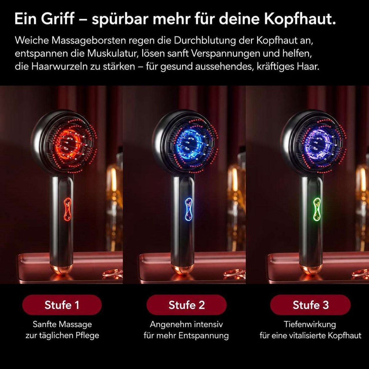 Drei schwarze Kopfhautmassagegeräte mit bunten LEDs in Stufen 1 bis 3 und erklärendem Text oben und unten.