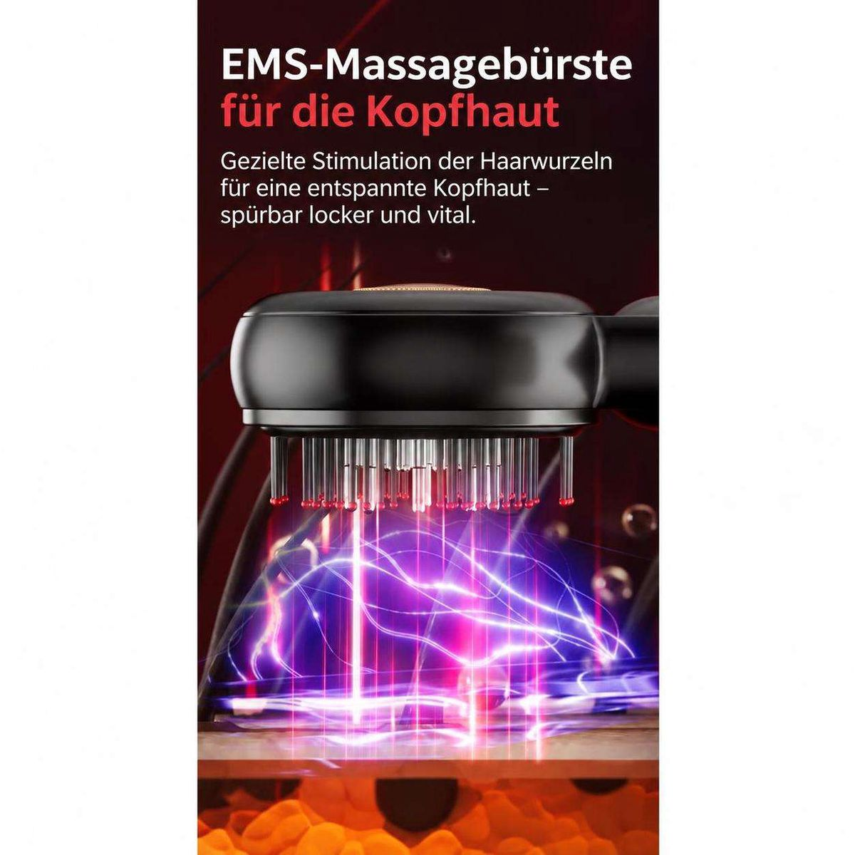 Eine EMS-Kopfkopfmassagebürste mit Borsten, die leuchtendes Licht abgeben, und deutschem Text.