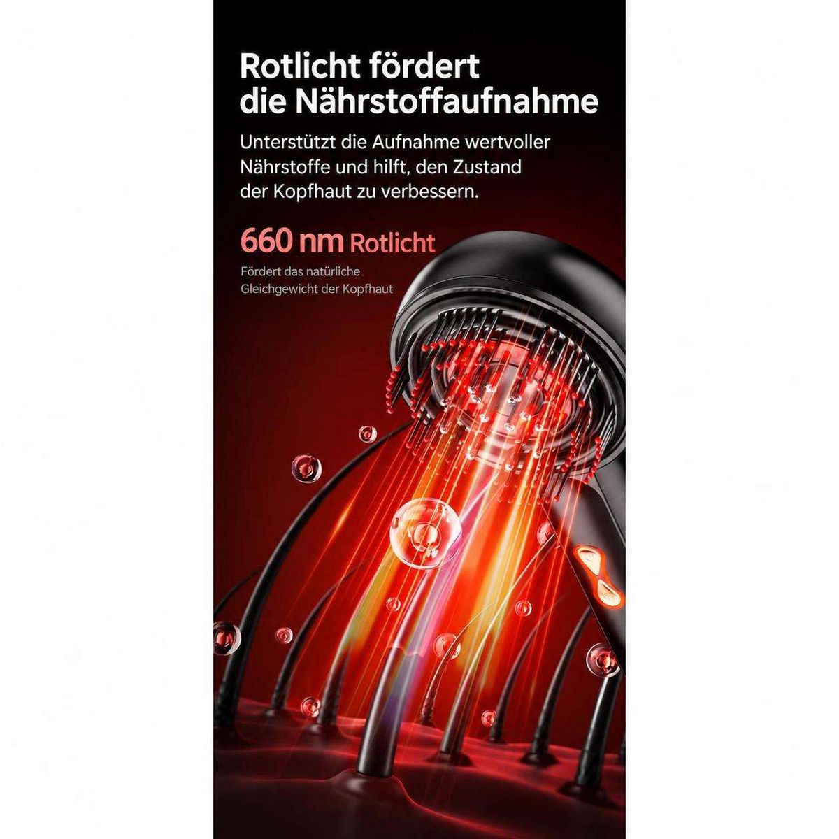 Rotlichttherapie-Gerät mit 660 nm für die Kopfhautpflege mit deutscher Textbeschreibung.