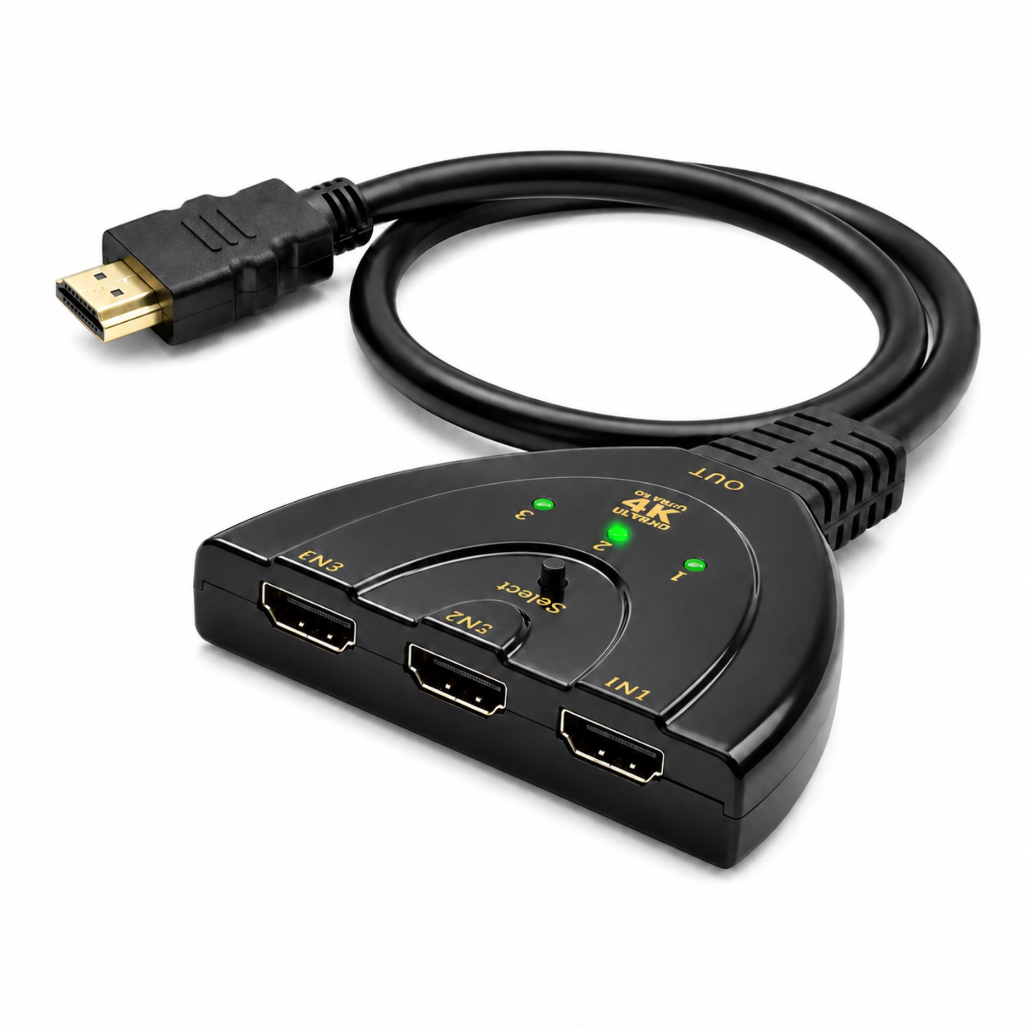 Ein schwarzer 3-Port-HDMI-Switch mit Kabel, Auswahltaste und grünen LEDs vor weißem Hintergrund.