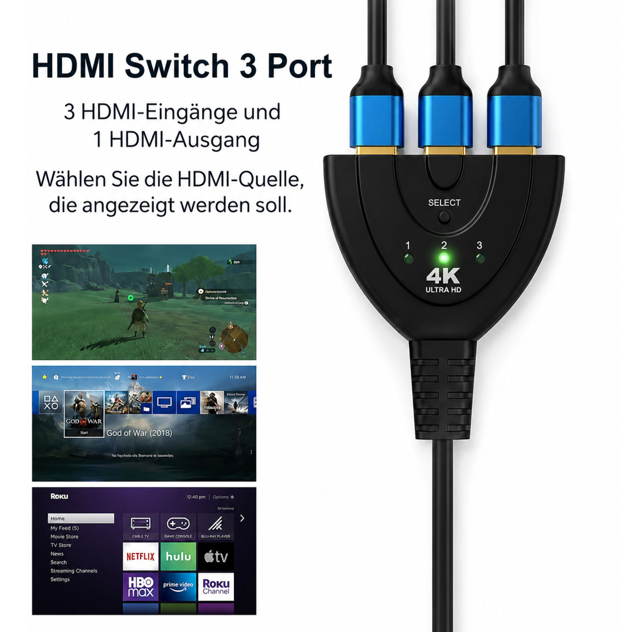 Ein schwarzer HDMI-Switch mit 3 Eingängen und 1 Ausgang zeigt angeschlossene Geräte und Bildschirme.