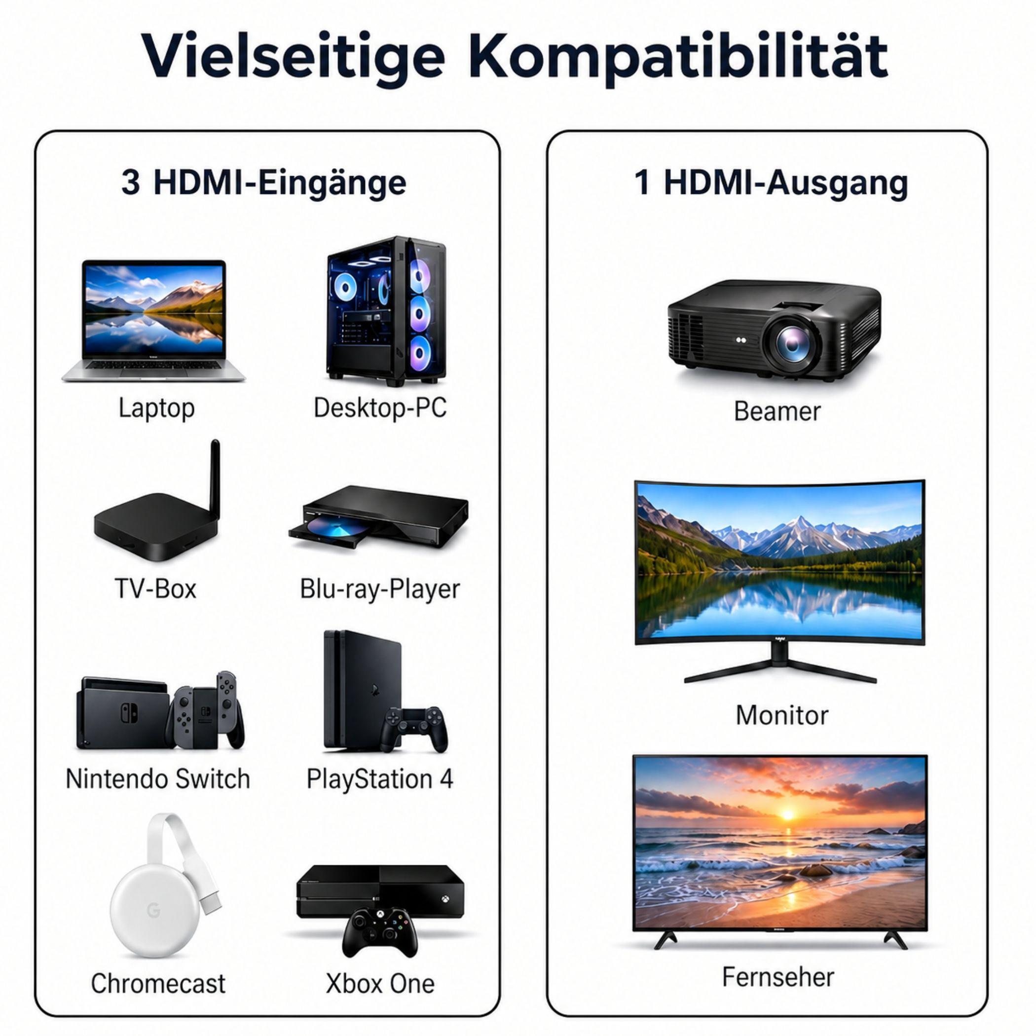 Diagramm zeigt vielseitige Kompatibilität mit HDMI-Eingängen wie Laptop und Konsole und Ausgängen wie Beamer.