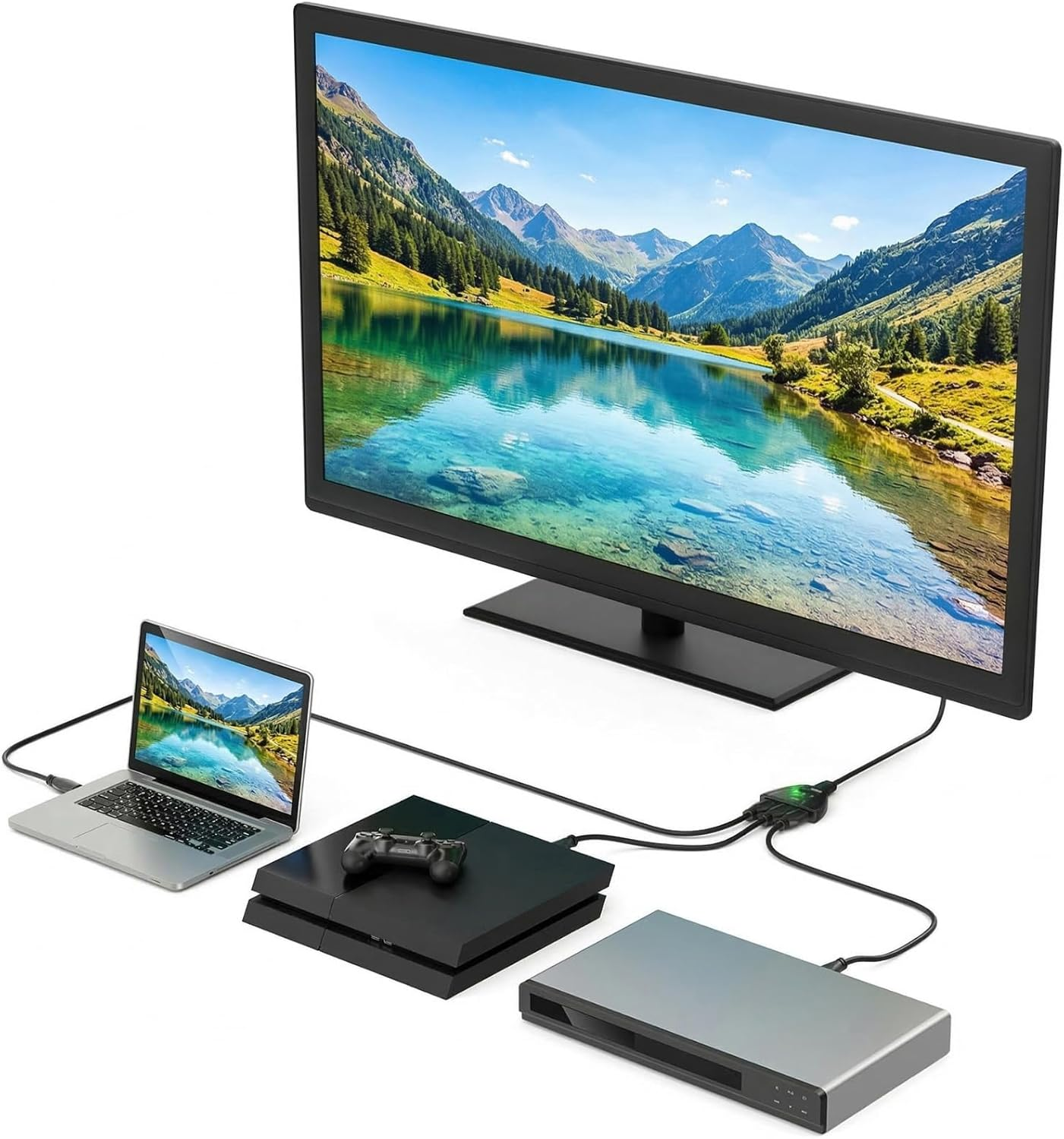 Ein Laptop, eine Konsole und ein Gerät sind über einen HDMI-Switch an einen großen Monitor angeschlossen.