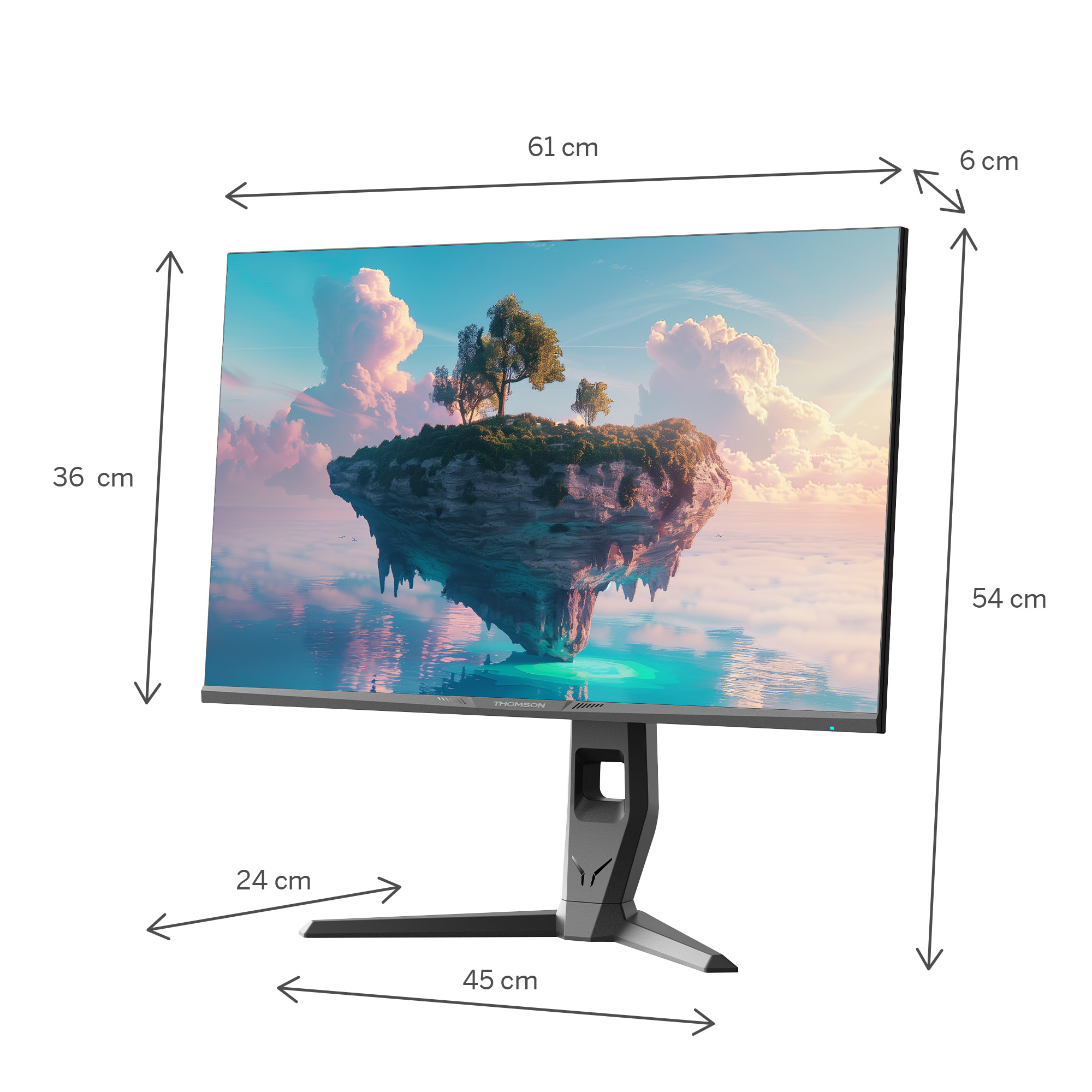 Monitor Thomson con dimensiones de 61x54x45 cm en soporte negro mostrando fondo de isla flotante.