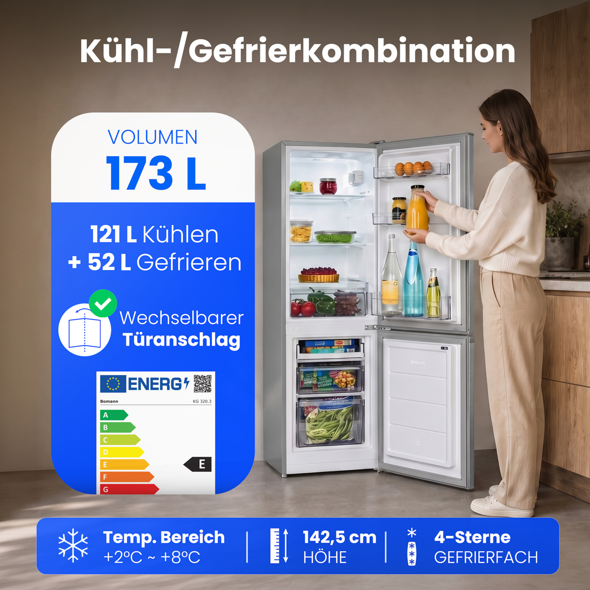 Frau öffnet einen silbernen Kühlschrank mit 173L Volumen, Energieklasse E und Maßeinblendungen.