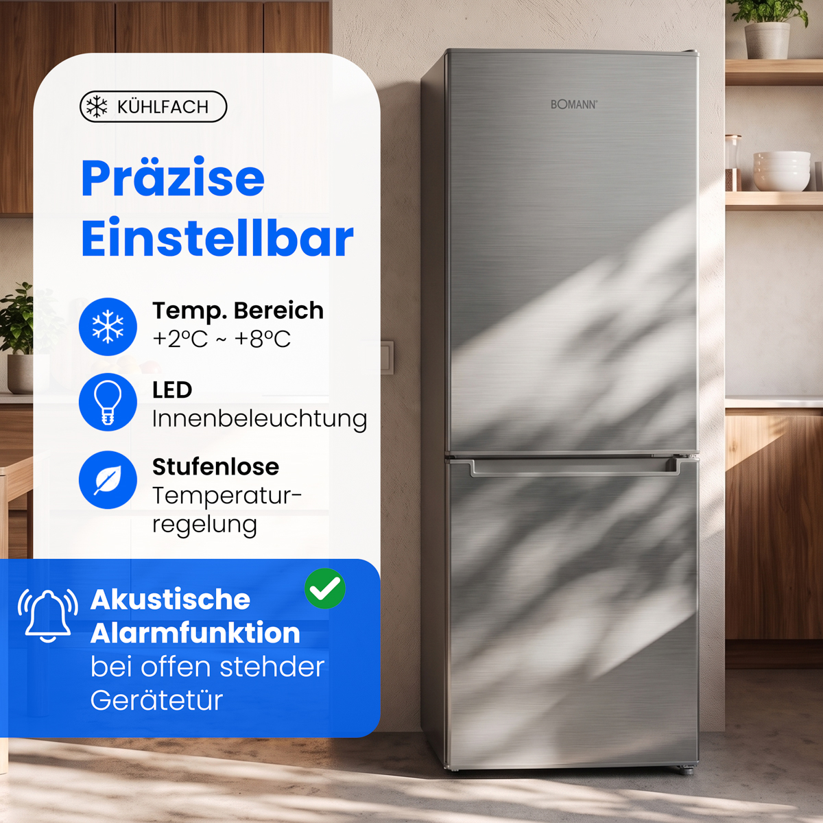 Ein silberner Bomann Kühlschrank in einer Küche mit deutschen Textoverlays, die seine Funktionen hervorheben.