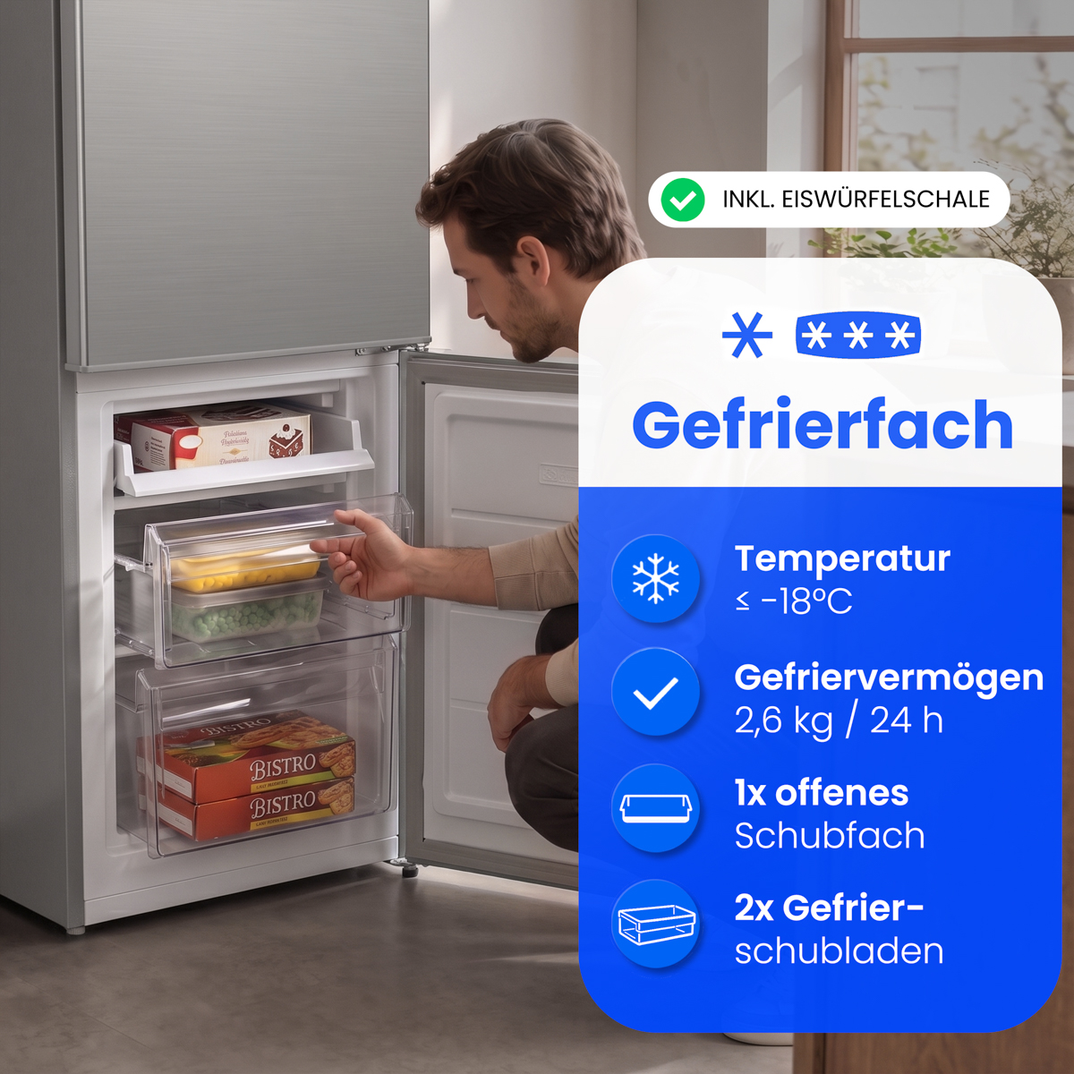 Ein Mann öffnet das Gefrierfach eines Edelstahl-Kühlschranks, daneben Produktinfos.