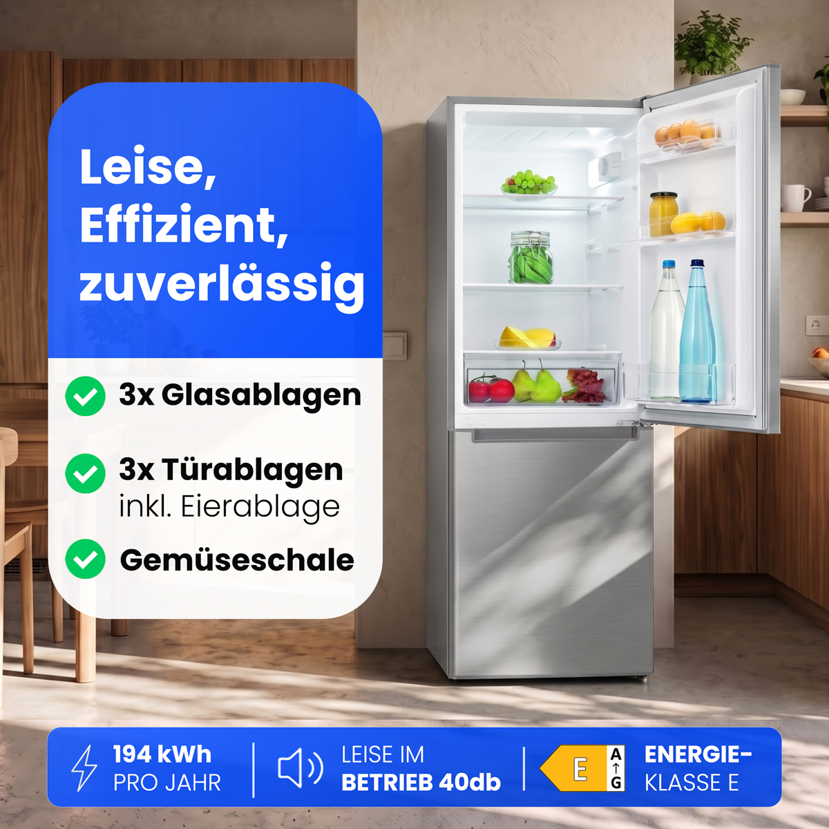 Ein silberner Kühlschrank mit offener Tür, gefüllt mit Lebensmitteln, und Textgrafiken zu Funktionen in einer Küche.