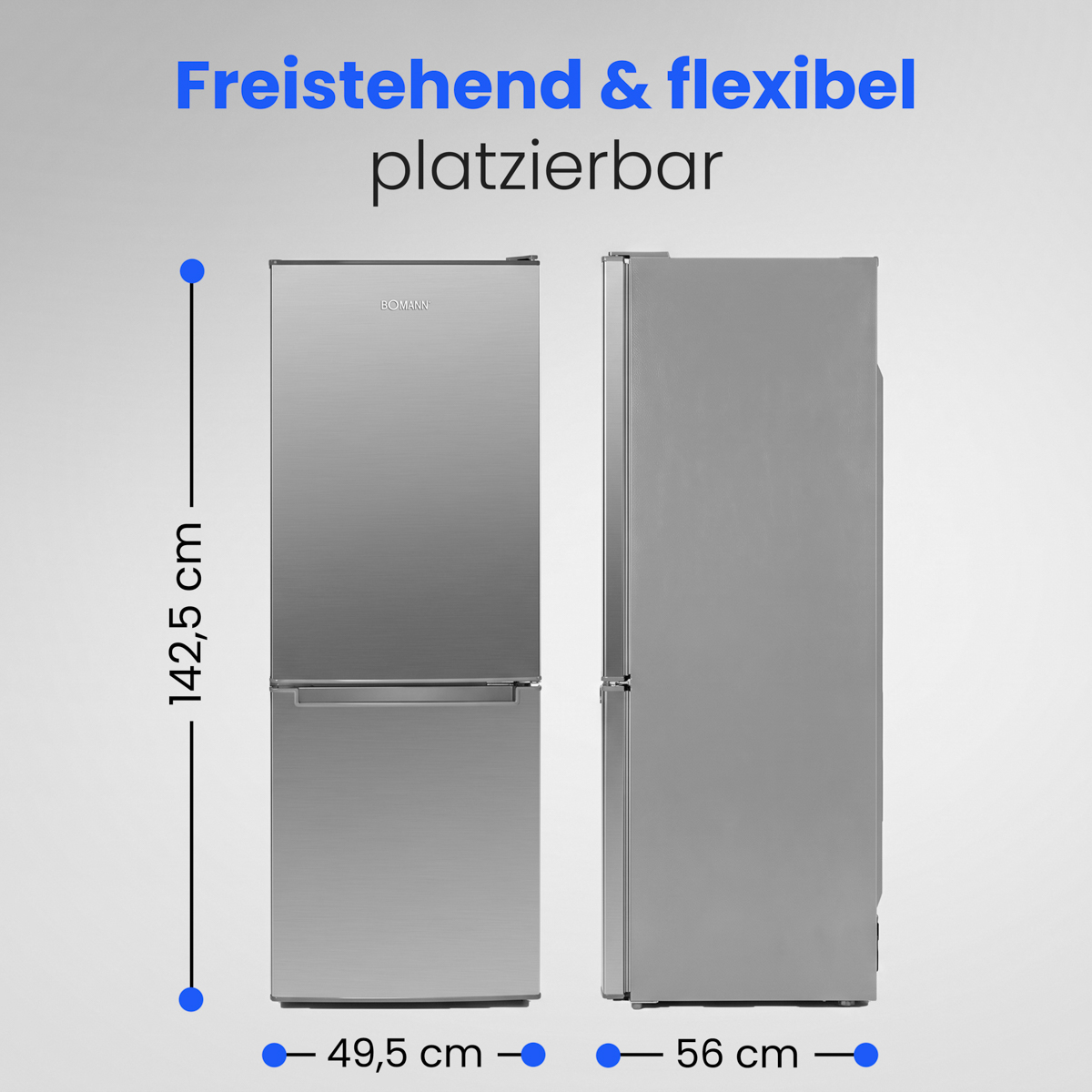 Silberner Bomann Kühlschrank mit Maßangaben von 142,5 cm Höhe, 49,5 cm Breite und 56 cm Tiefe.