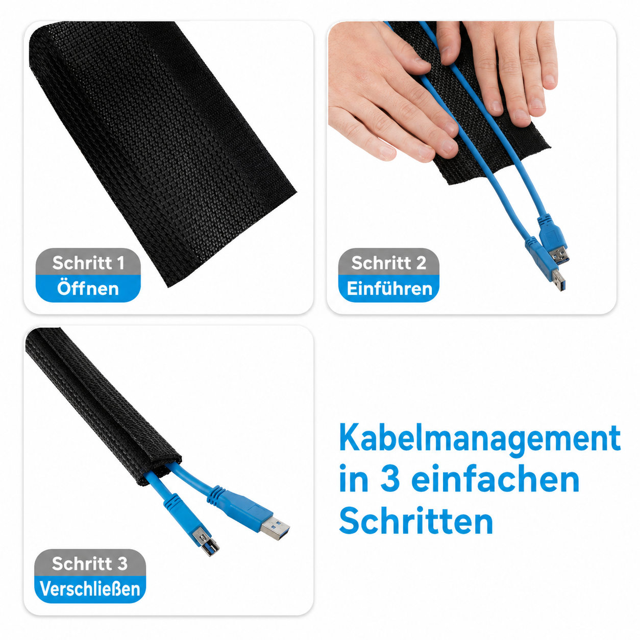 Drei Schritte zur Kabelorganisation mit einem schwarzen Sleeve und blauen USB-Kabeln.