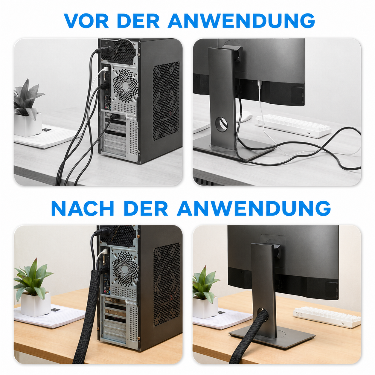 Vorher-Nachher-Vergleich zeigt geordnete PC-Kabel mit einer Kabelhülse.