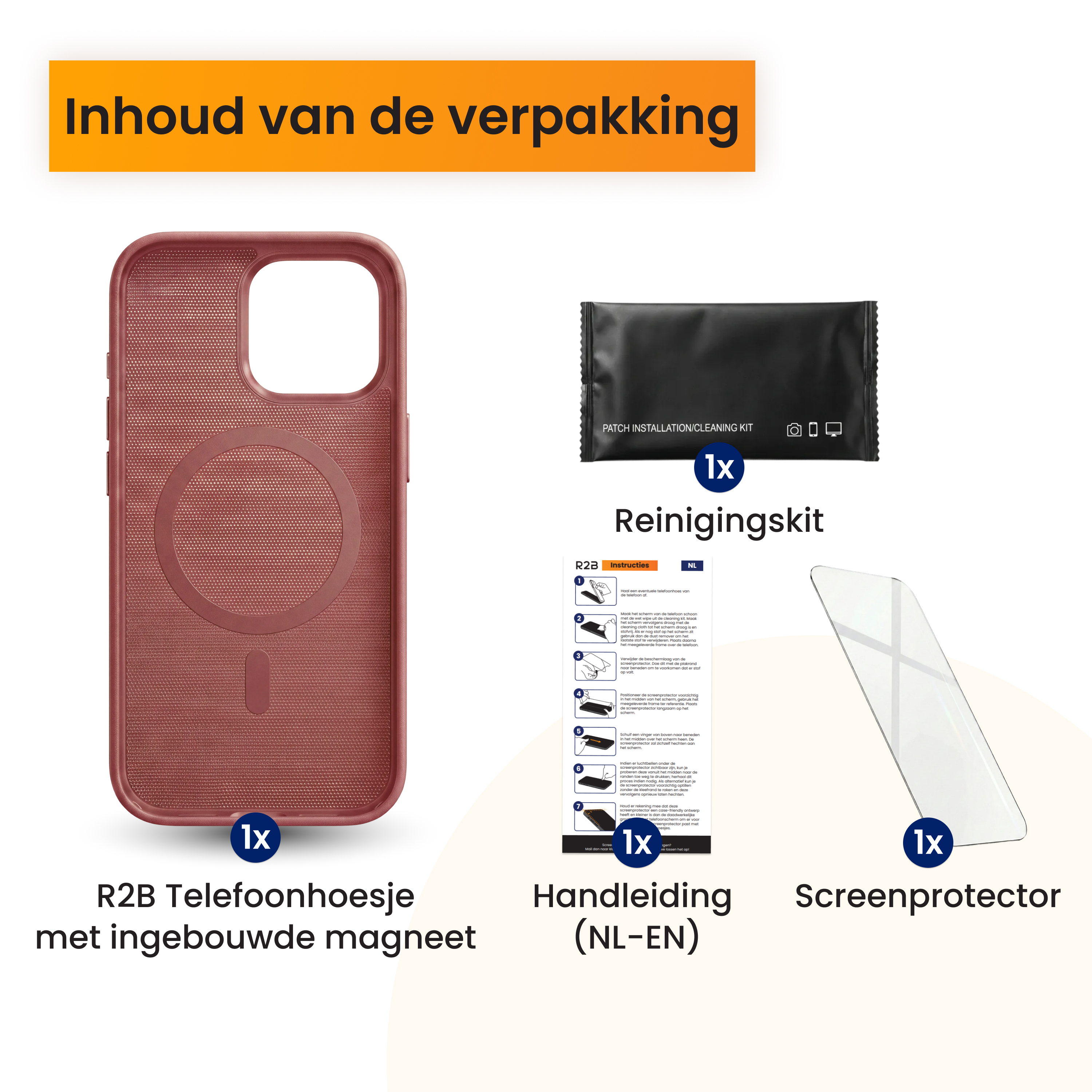 Inhoud verpakking: een rode MagSafe telefoonhoes, reinigingskit, handleiding en screenprotector.