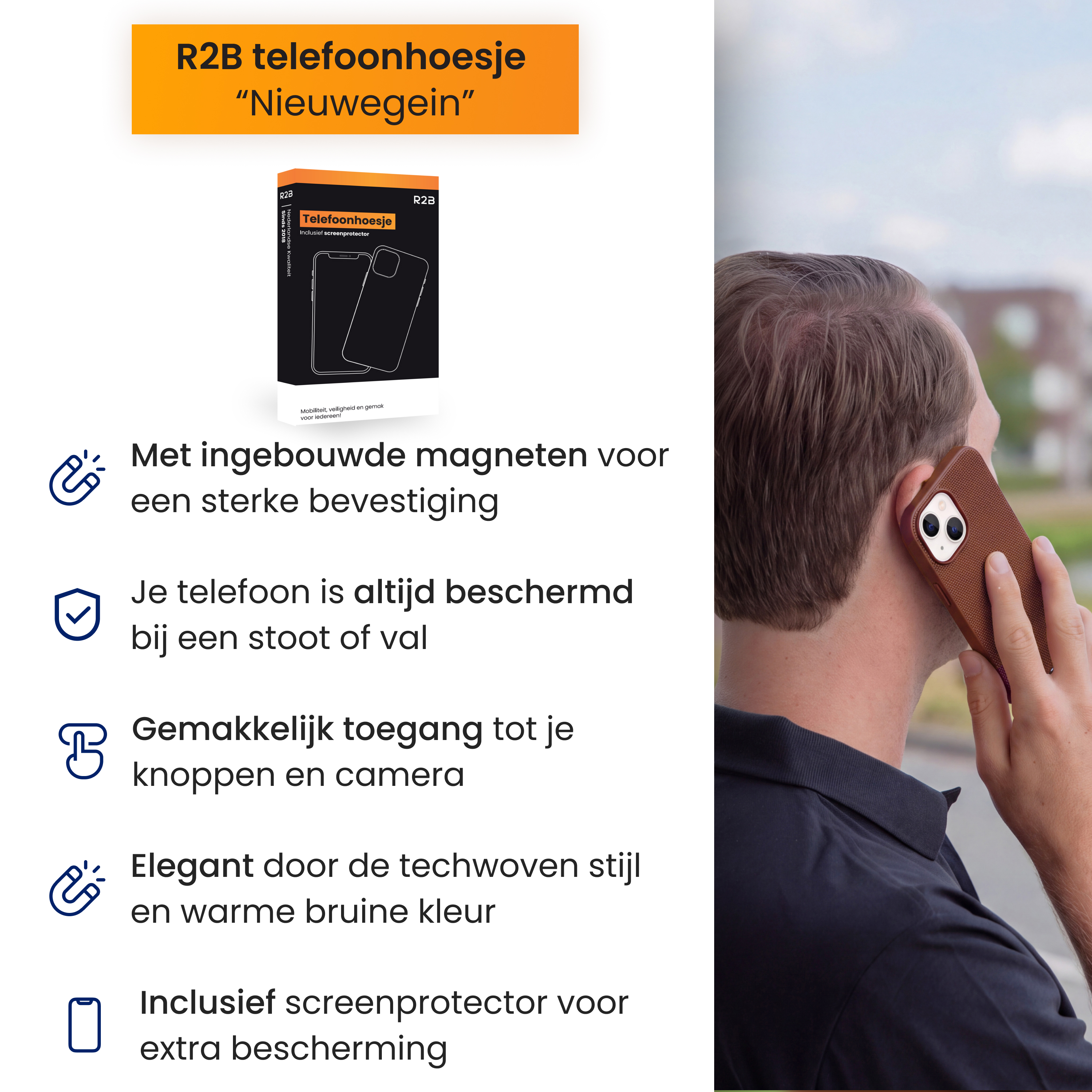 Een man belt met een bruine smartphone, met productkenmerken in het Nederlands.