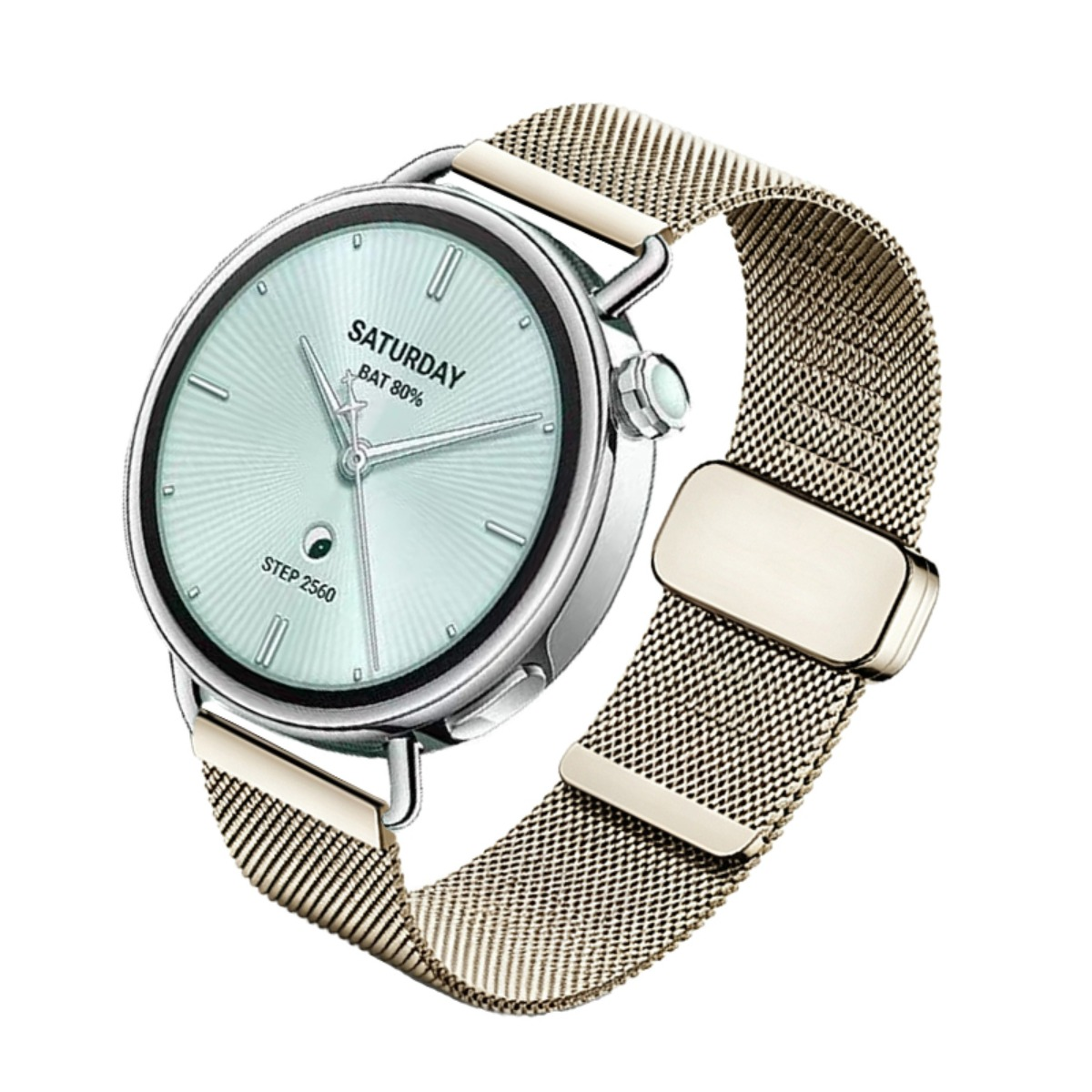 Eine elegante Smartwatch mit silbernem Gehäuse, mintgrünem Zifferblatt und goldenem Milanaise-Armband auf weißem Grund.