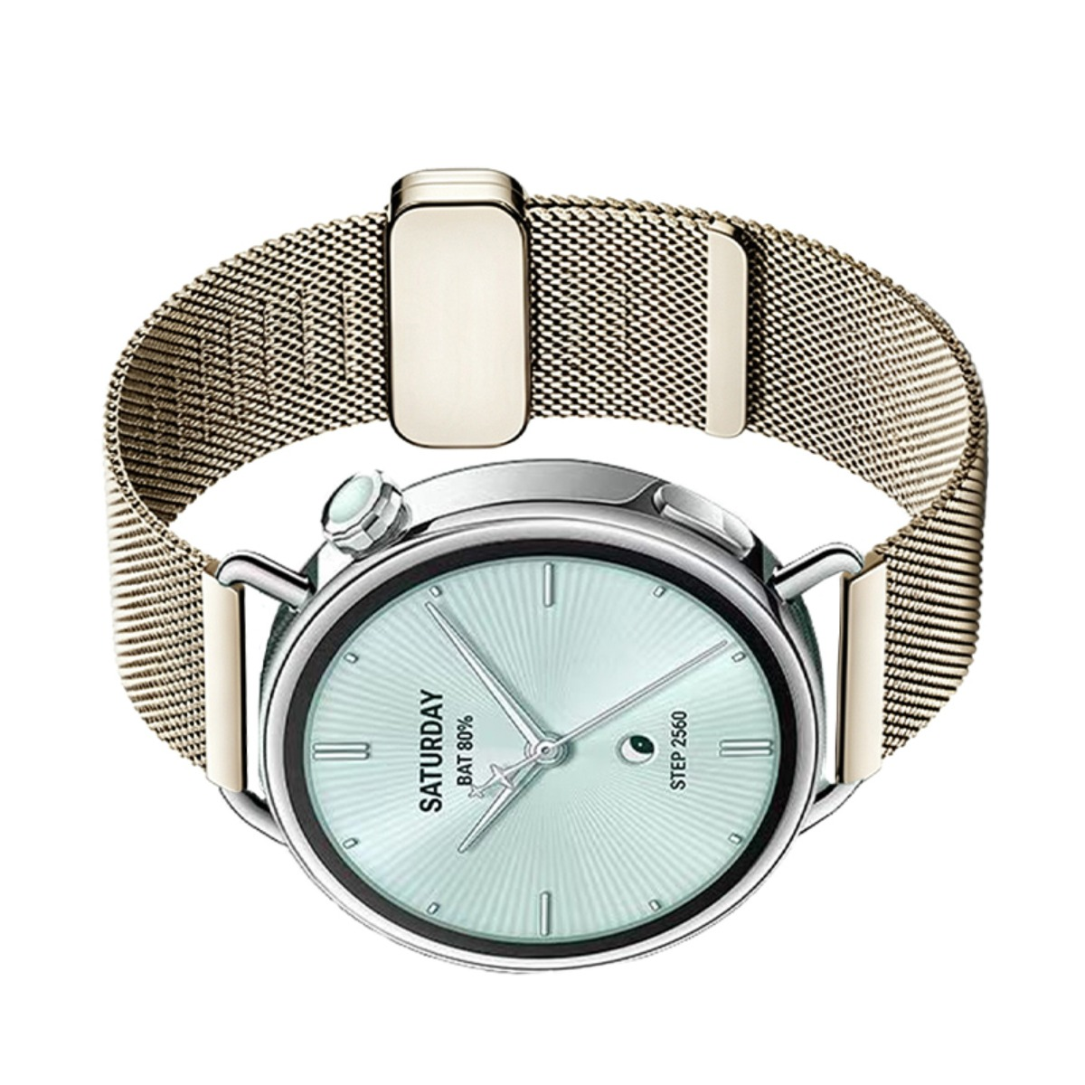 Eine silberne Smartwatch mit hellblauem Zifferblatt und goldenem Milanaise-Armband vor weißem Hintergrund.