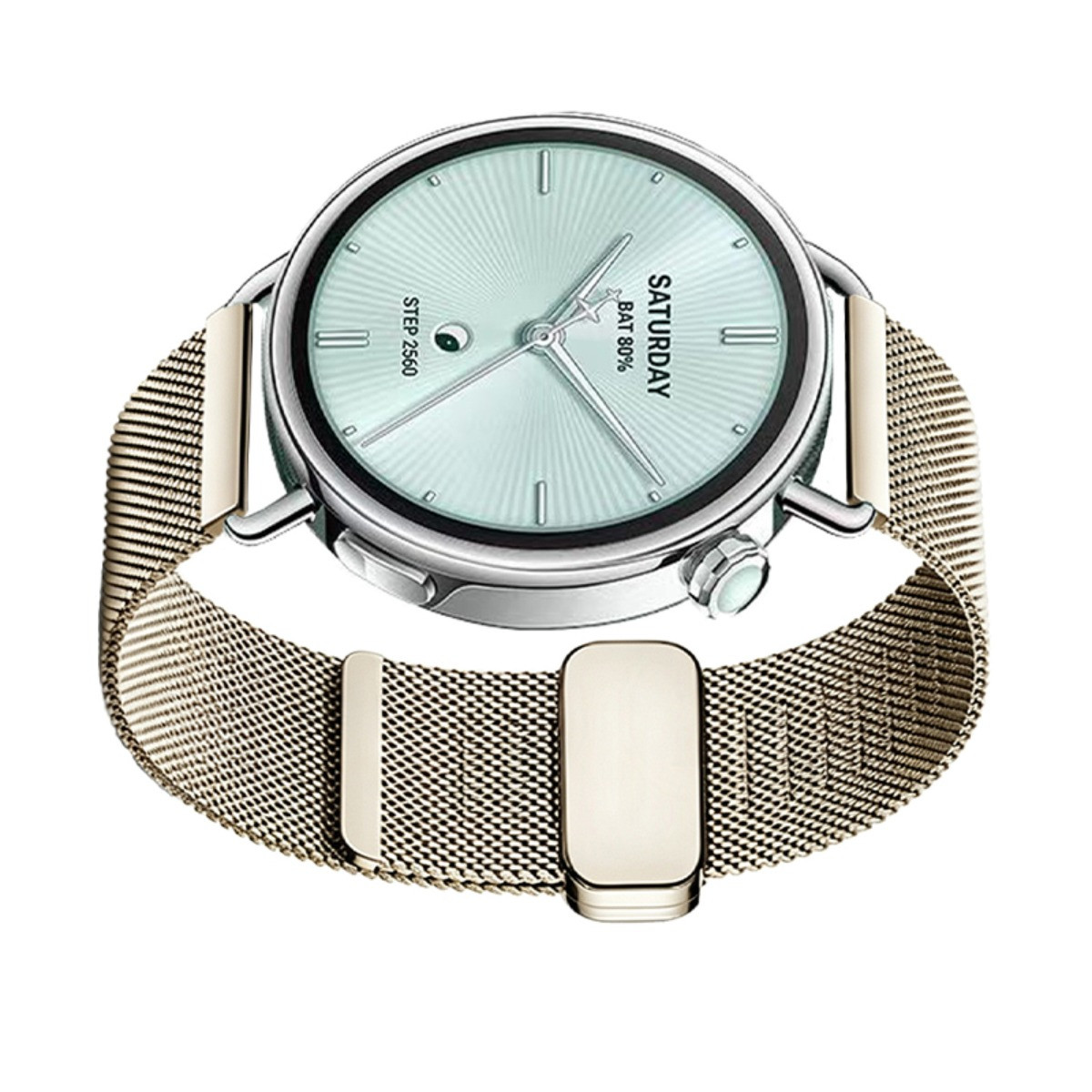 Eine elegante Armbanduhr mit hellem Zifferblatt und goldenem Mesh-Armband auf weißem Hintergrund.