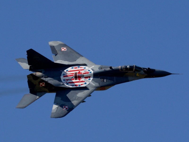 Ein grauer Kampfjet mit US-Muster auf der Oberseite fliegt gegen blauen Himmel.