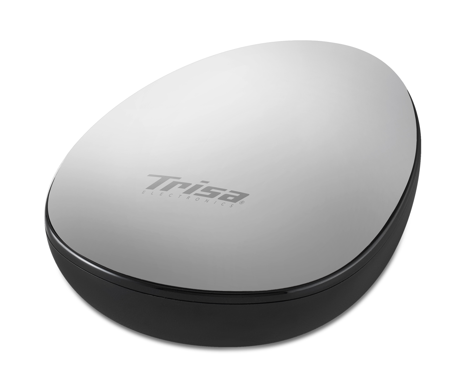 Ein ovales, schwarz-silbernes Trisa Electronics Gerät auf weißem Hintergrund.