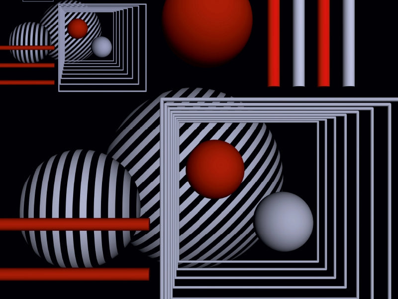 Abstrakte 3D-Komposition mit gestreiften Kugeln, roten Kugeln, Röhren und quadratischen Rahmen auf schwarzem Grund.