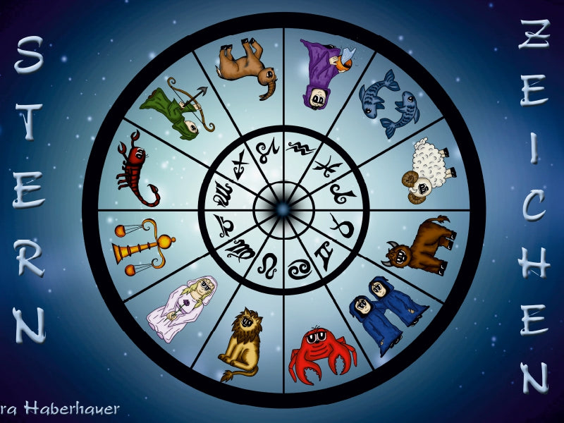 Ein farbiger Tierkreis mit zwölf astrologischen Symbolen auf einem blauen, sternenbedeckten Hintergrund.
