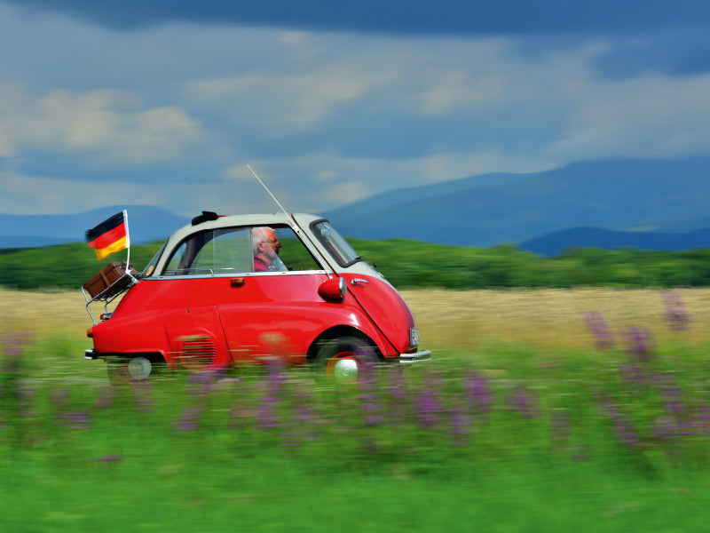 Ein rotes Kleinauto mit deutscher Flagge fährt durch eine grüne Landschaft mit Bergen im Hintergrund.