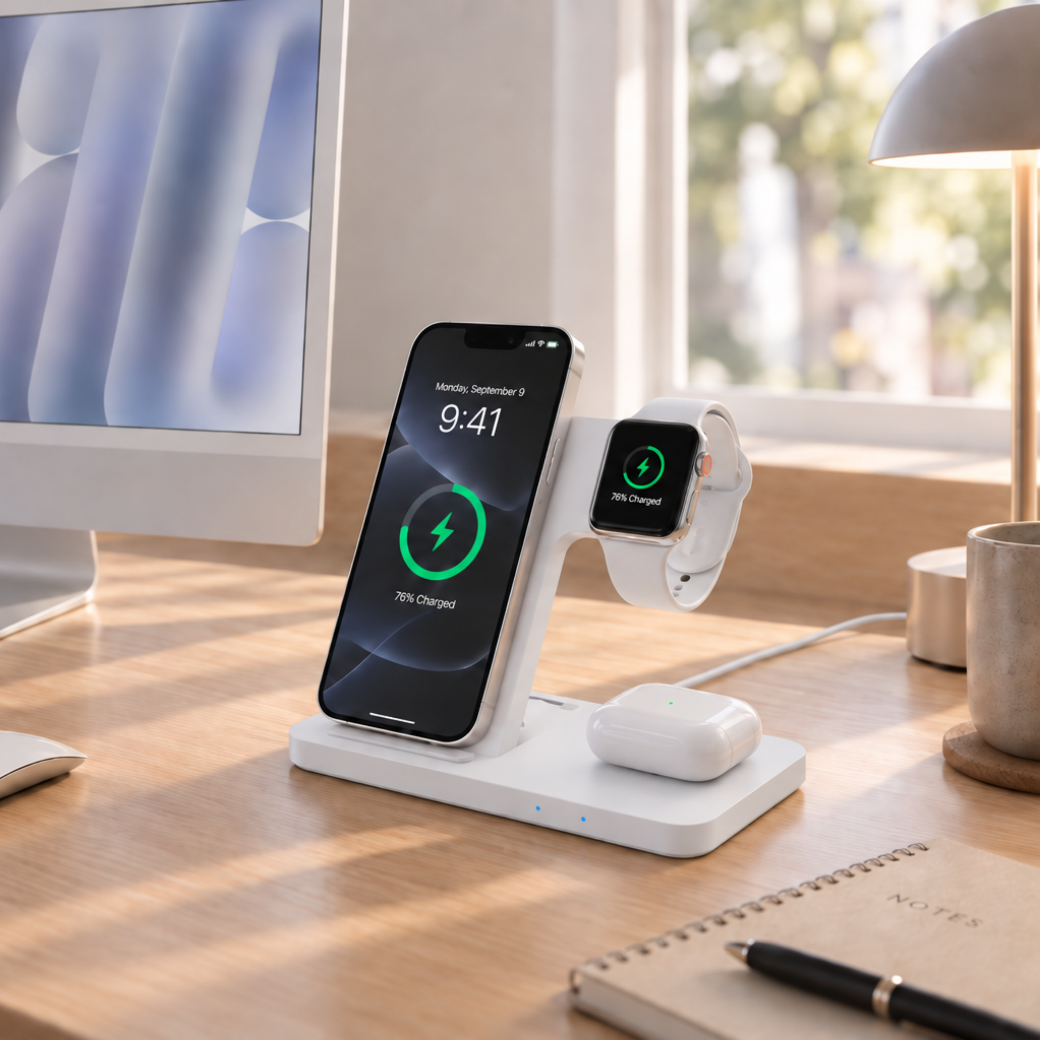 Eine weiße Ladestation auf einem Schreibtisch lädt ein Smartphone, eine Smartwatch und Kopfhörer gleichzeitig auf.