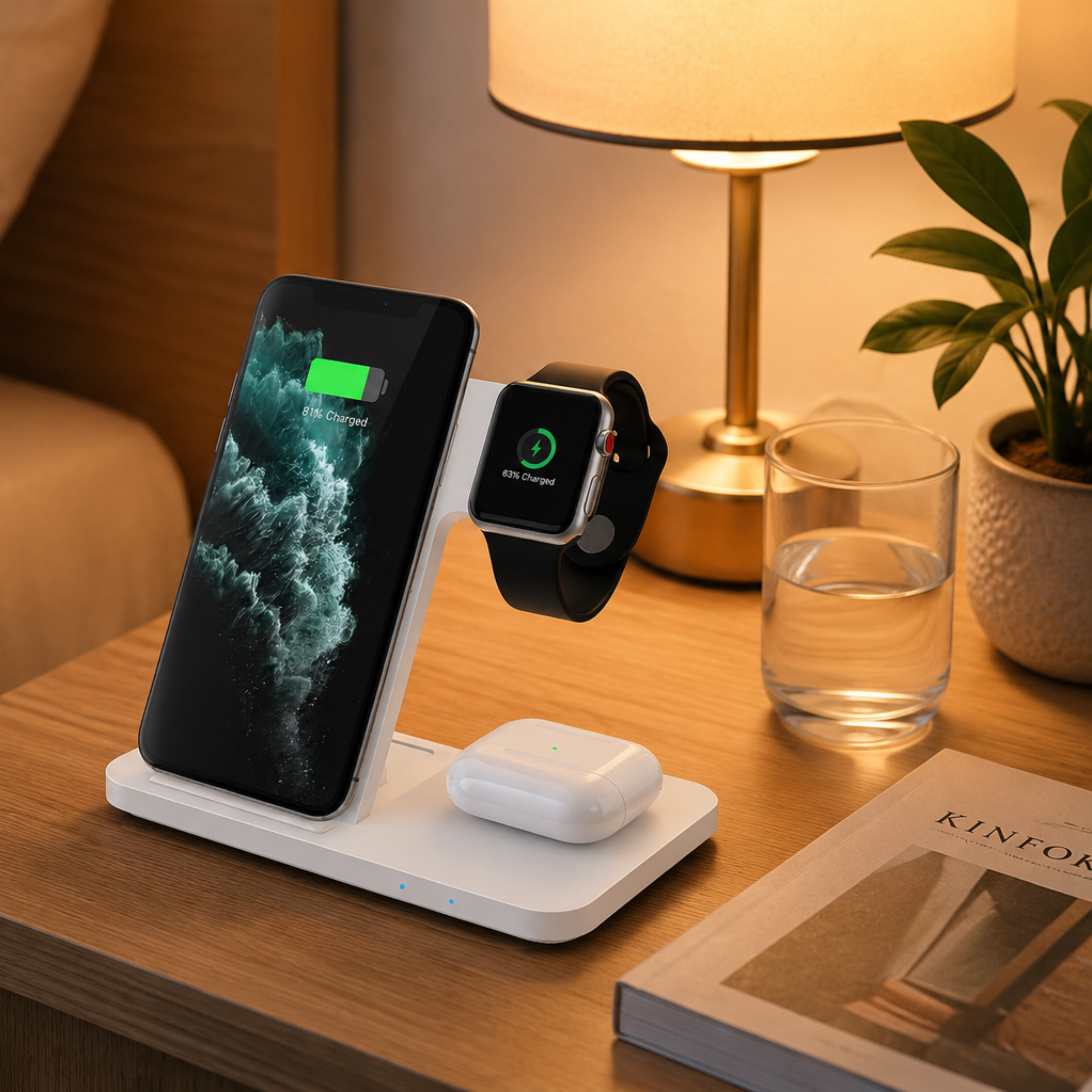 Eine weiße Ladestation auf einem Nachttisch lädt ein Smartphone, eine Smartwatch und Kopfhörer.