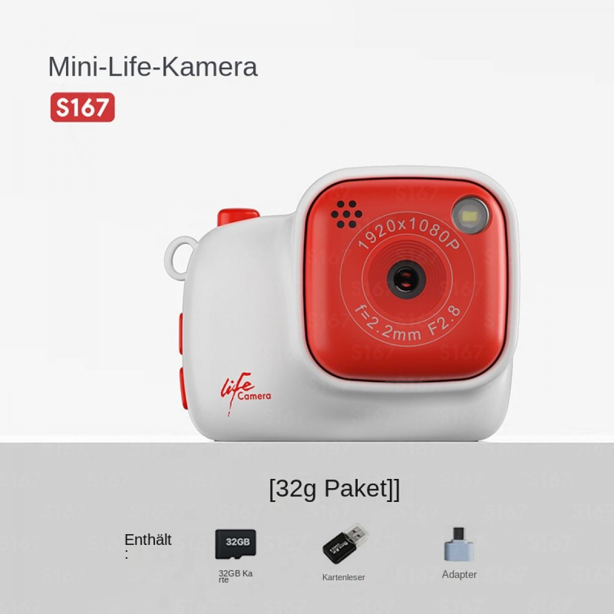 Eine weiße und rote Minikamera mit 32GB Speicherkarte, Kartenleser und Adapter unten auf grauem Hintergrund.