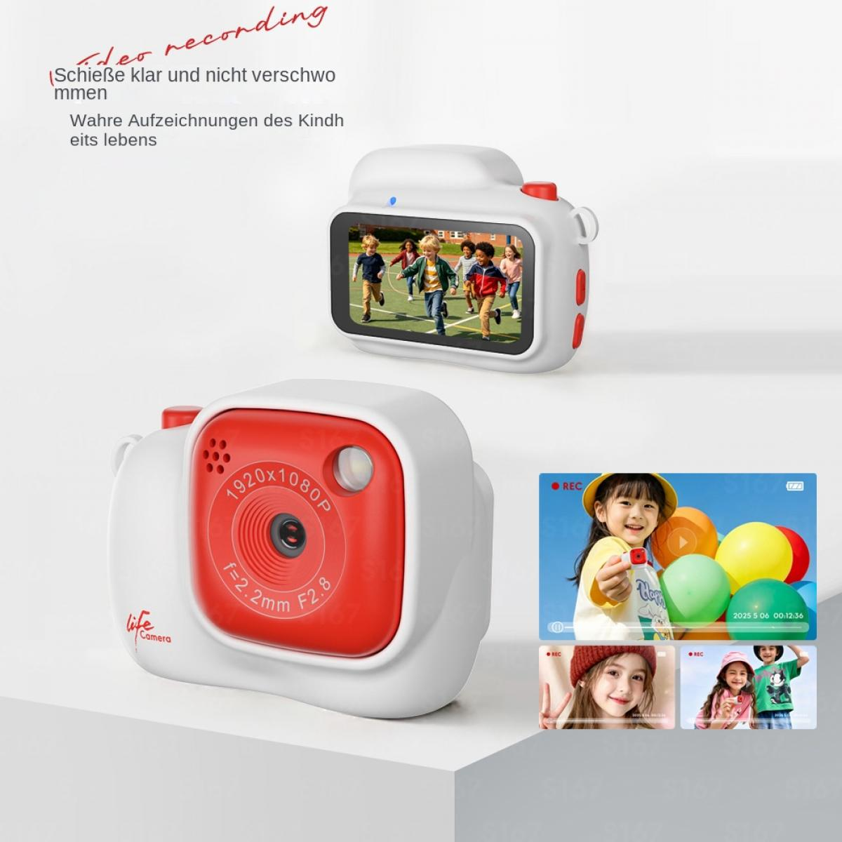 Eine weiße und rote Kinderkamera mit Bildschirm, auf dem spielende Kinder zu sehen sind.