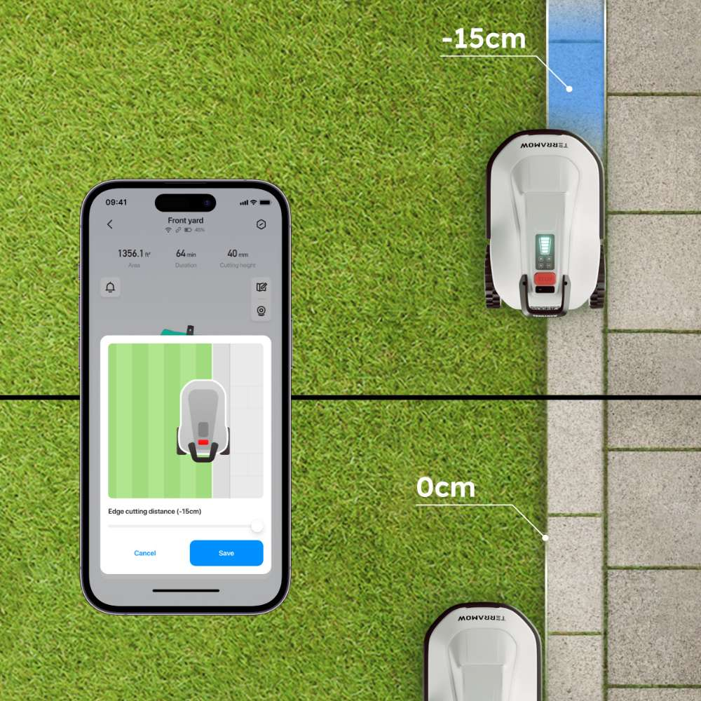 Un smartphone affiche l'application de contrôle d'un robot tondeuse sur de l'herbe.