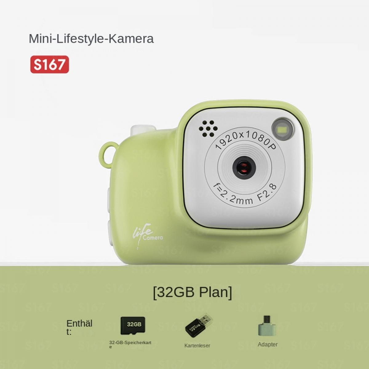 Grüne Mini-Lifestyle-Kamera mit 32GB Speicherkarte, Kartenleser und Adapter.