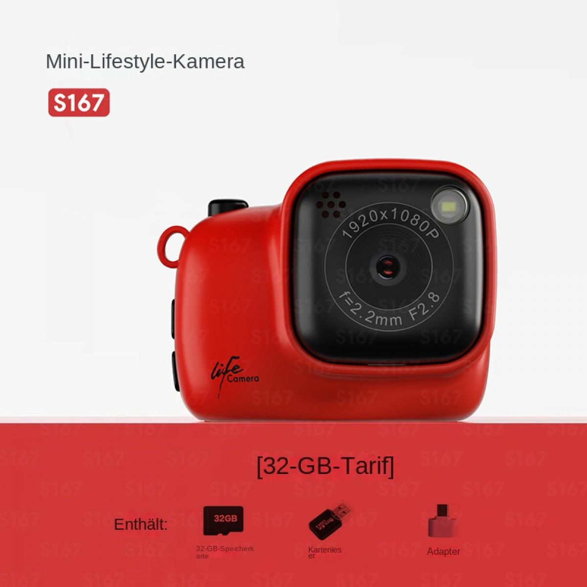 Eine rote Mini-Lifestyle-Kamera vor rotem Hintergrund mit Hinweisen auf 32GB Tarif und Zubehör.