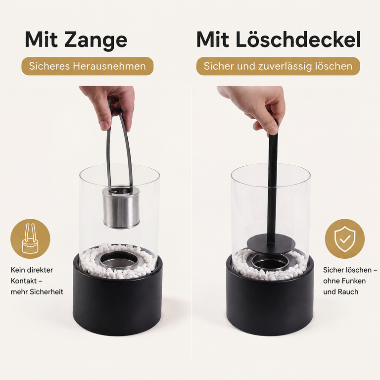 Vergleich zweier Methoden zur sicheren Handhabung einer Tischfeuerstelle: mit Zange und mit Löschdeckel.